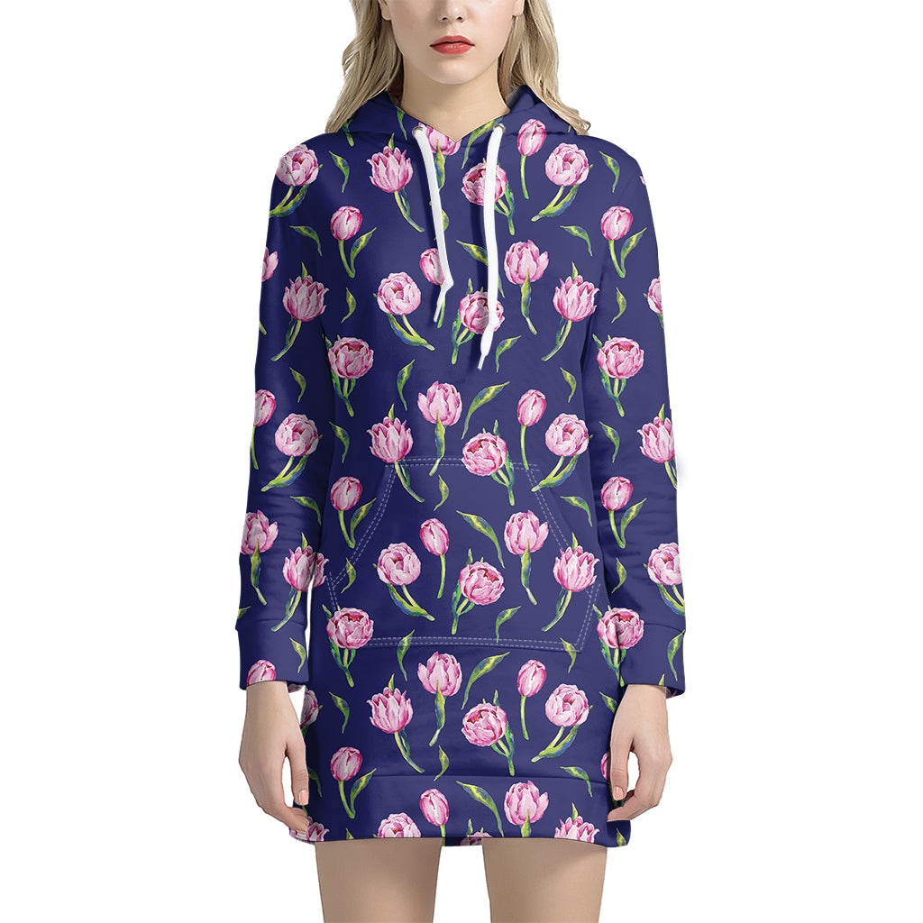 Pink Watercolor Tulip Flower Print Women's Pullover Hoodie Dress