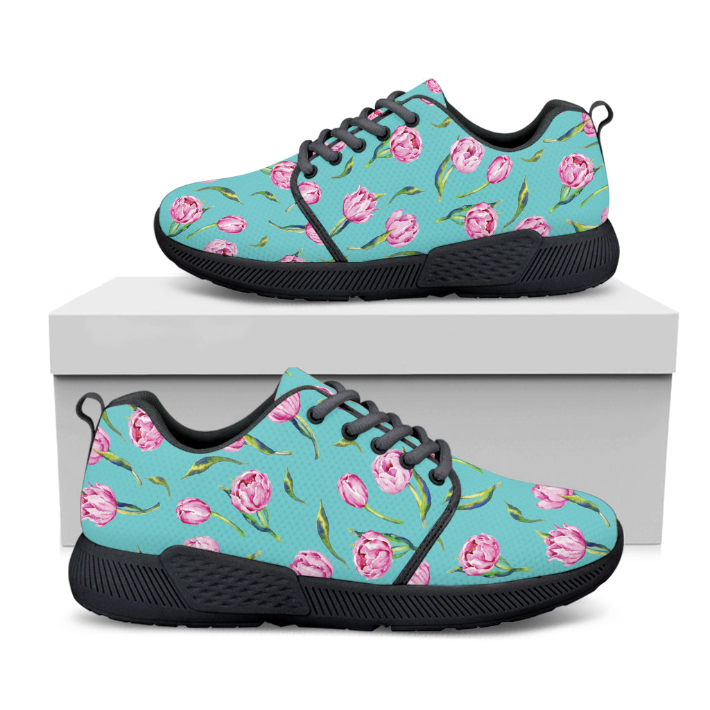 Pink Watercolor Tulip Pattern Print Black Athletic Shoes