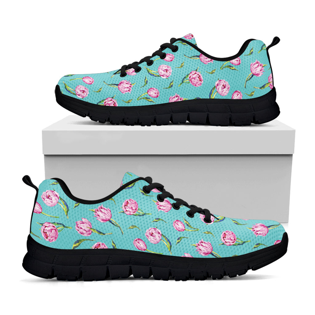 Pink Watercolor Tulip Pattern Print Black Sneakers