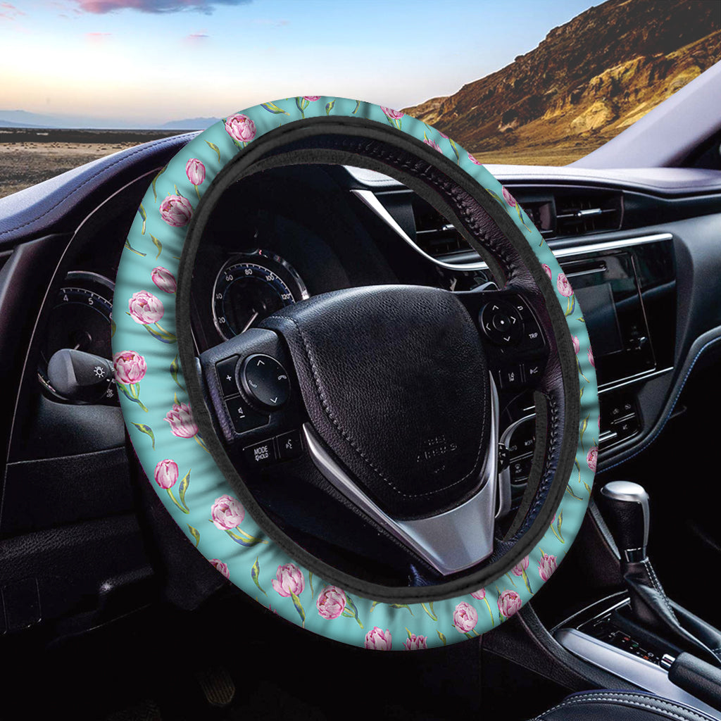 Pink Watercolor Tulip Pattern Print Car Steering Wheel Cover