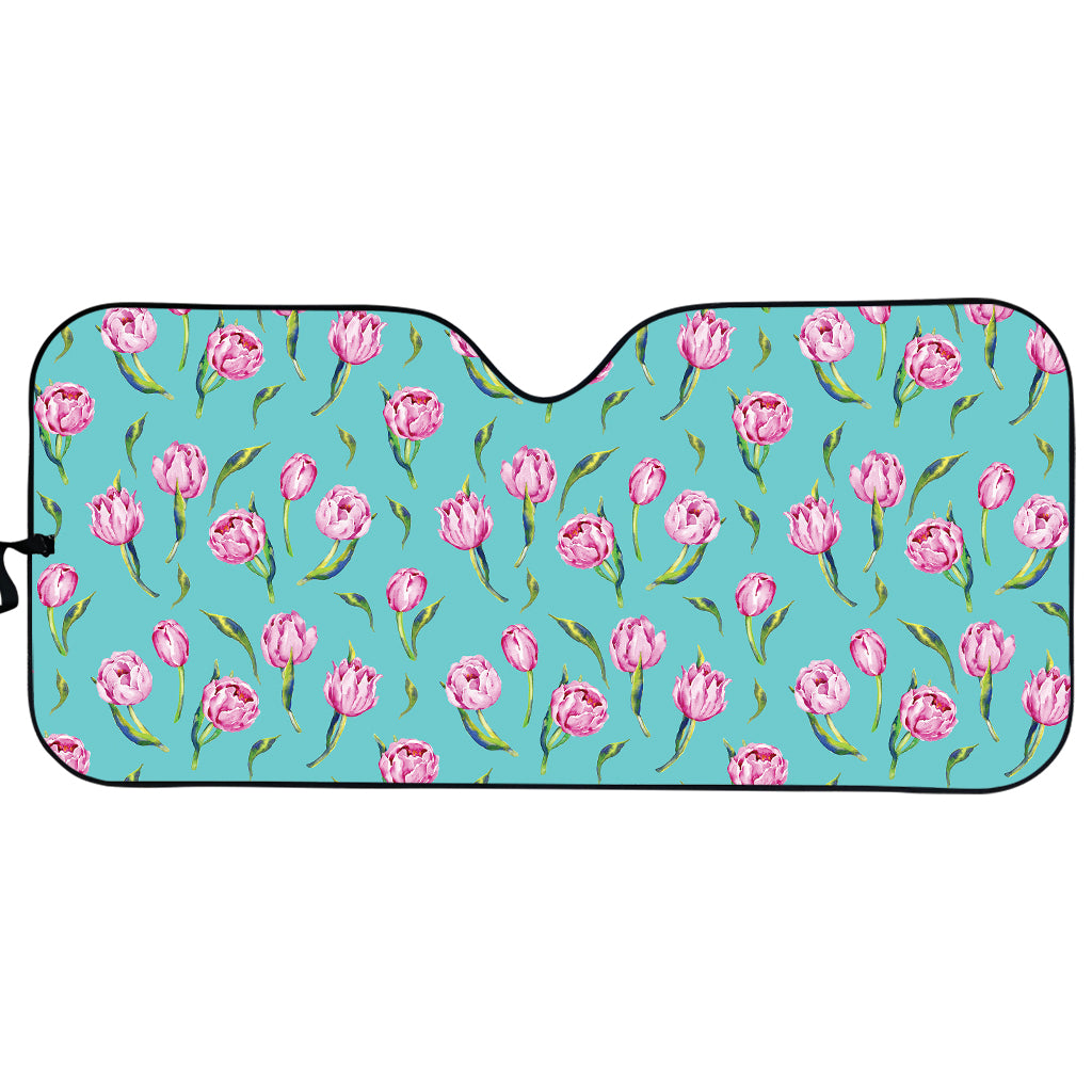 Pink Watercolor Tulip Pattern Print Car Sun Shade