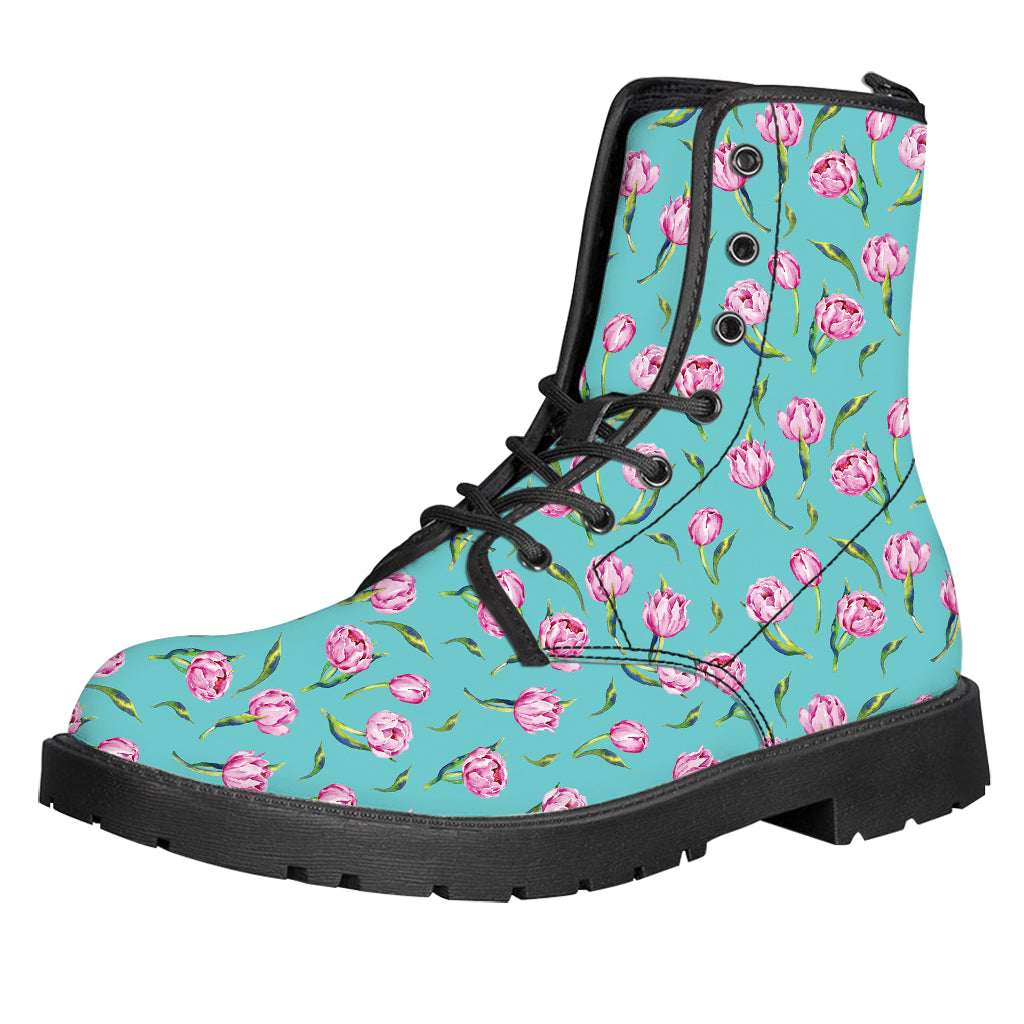 Pink Watercolor Tulip Pattern Print Leather Boots