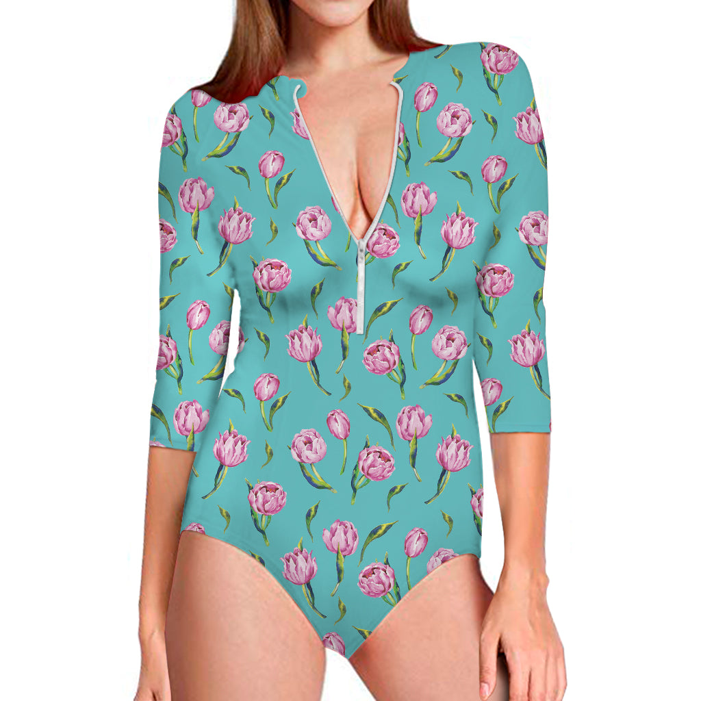 Pink Watercolor Tulip Pattern Print Long Sleeve One Piece Swimsuit