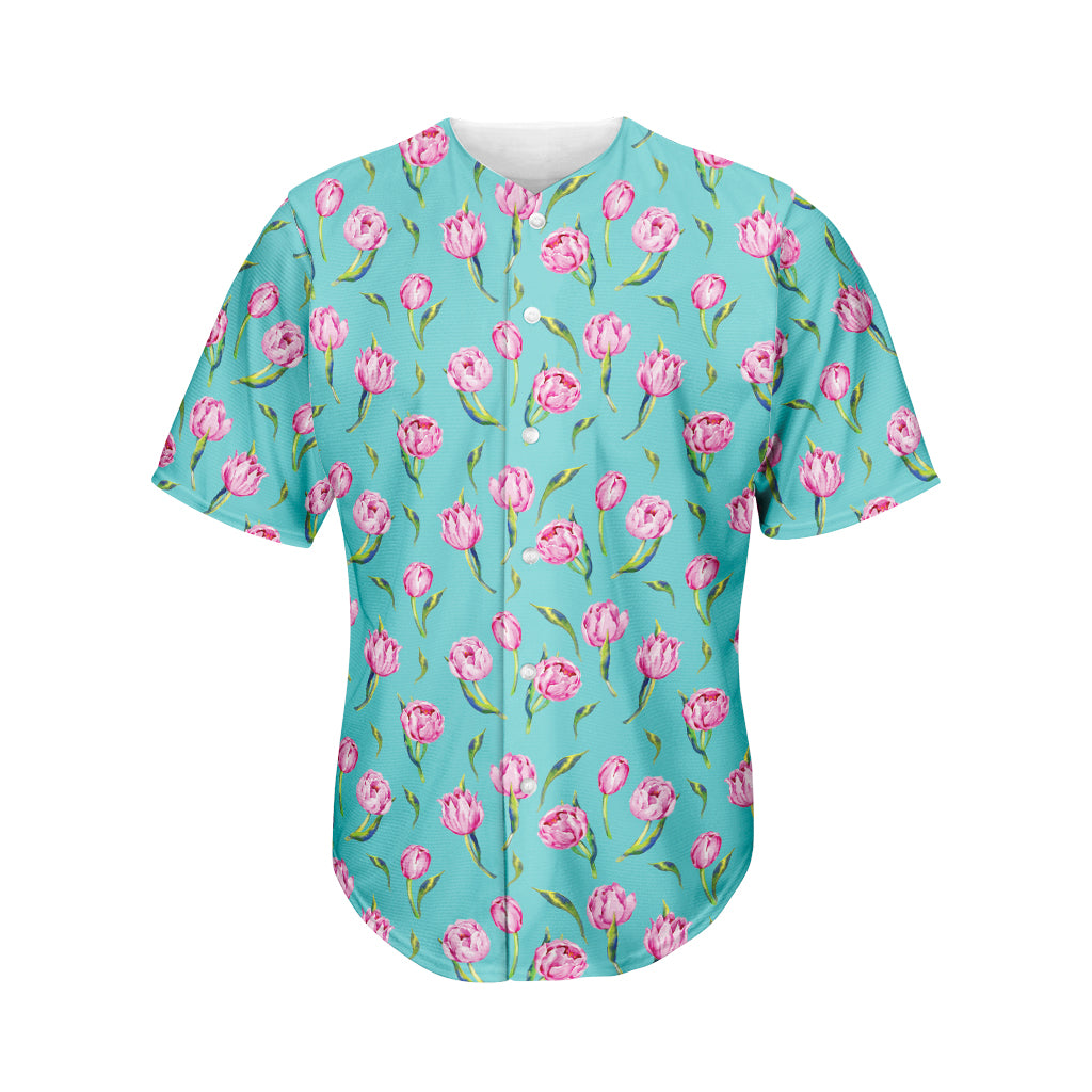 Pink Watercolor Tulip Pattern Print Men's Baseball Jersey