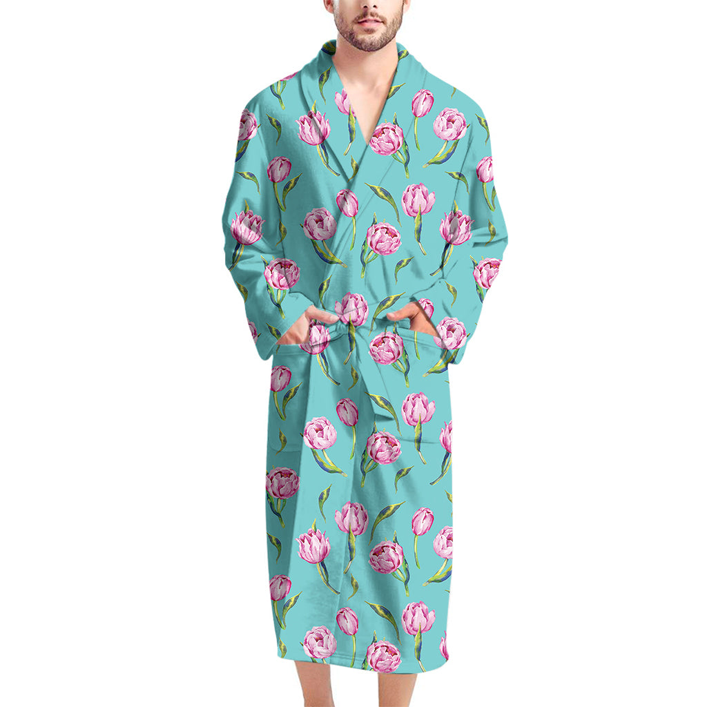 Pink Watercolor Tulip Pattern Print Men's Bathrobe