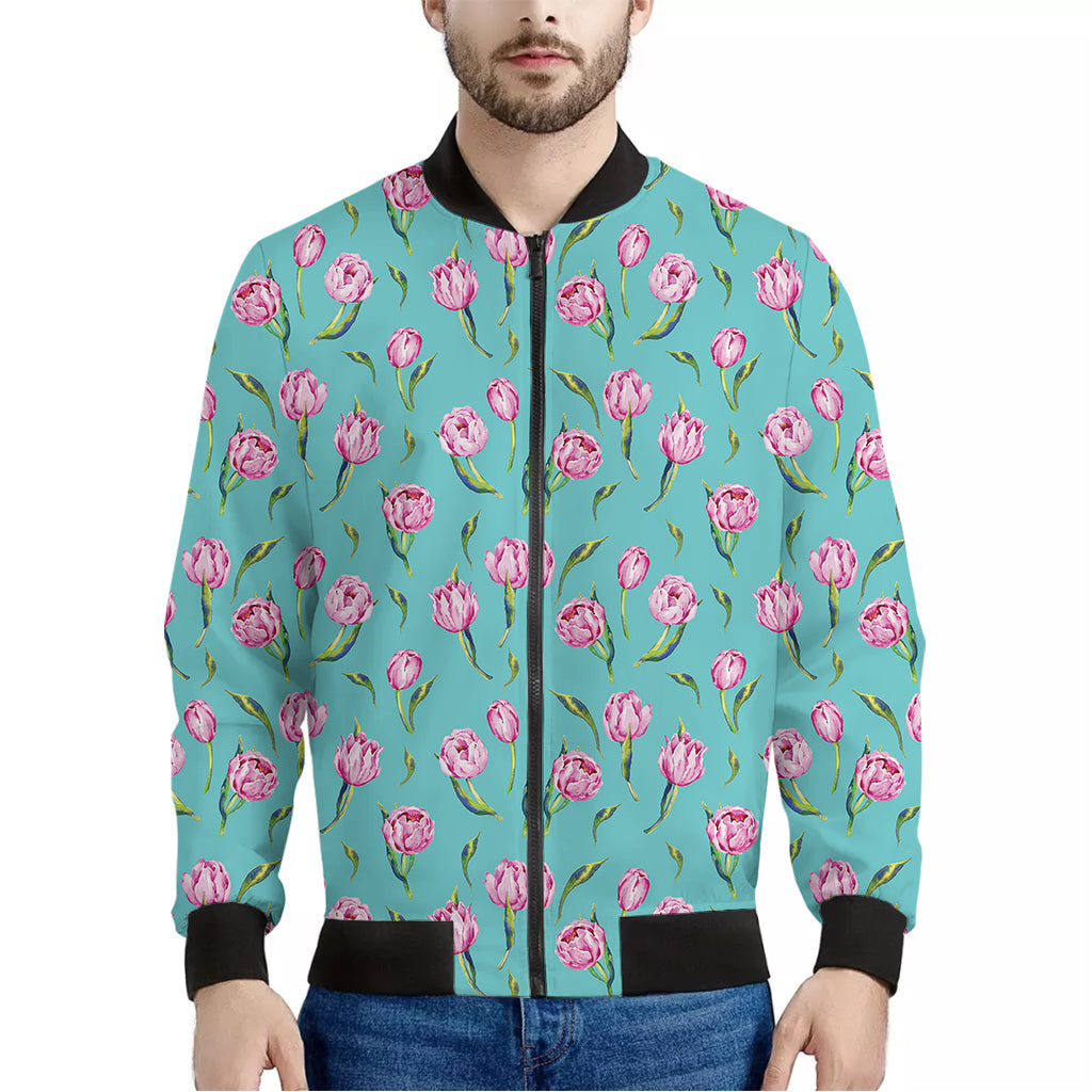 Pink Watercolor Tulip Pattern Print Men's Bomber Jacket