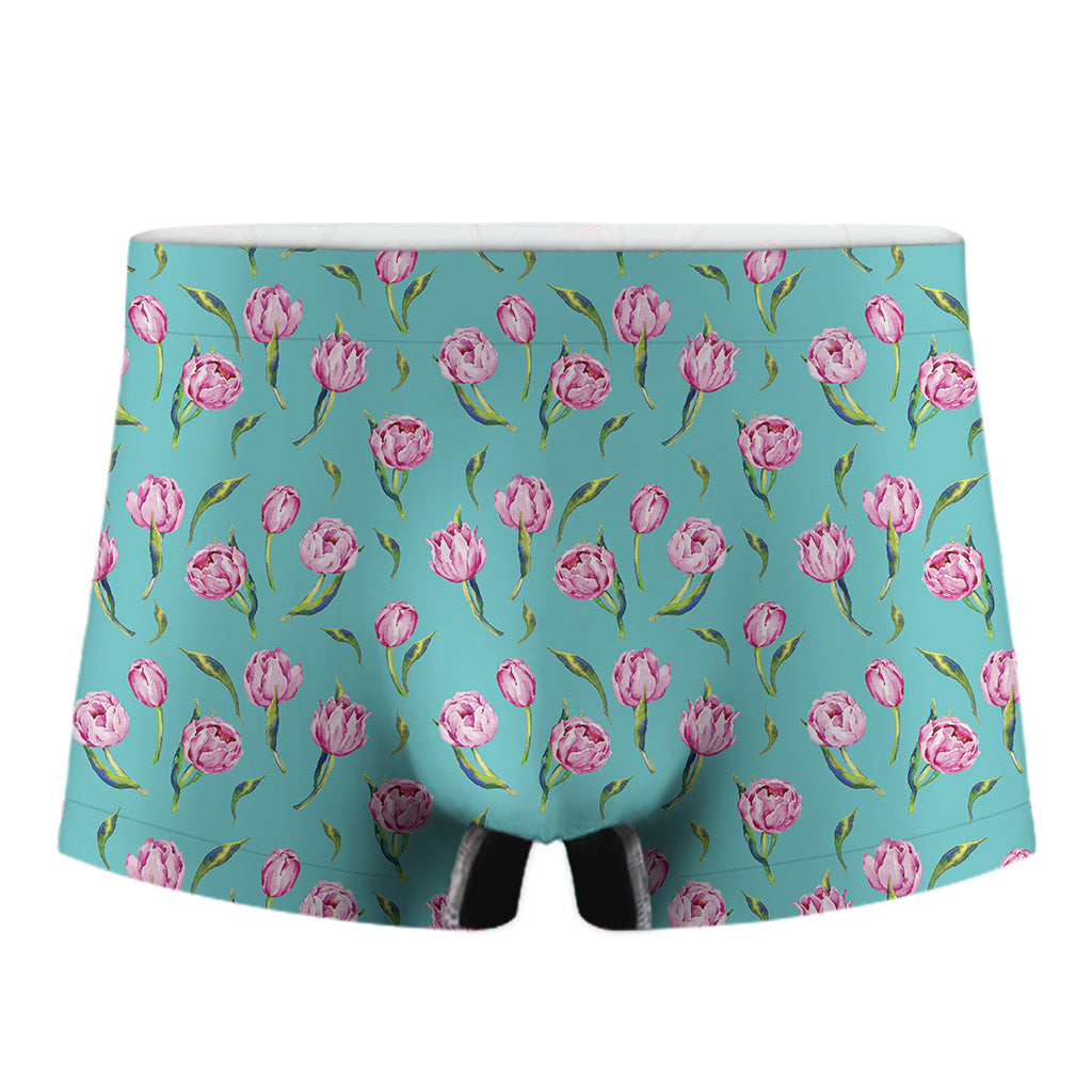 Pink Watercolor Tulip Pattern Print Men's Boxer Briefs