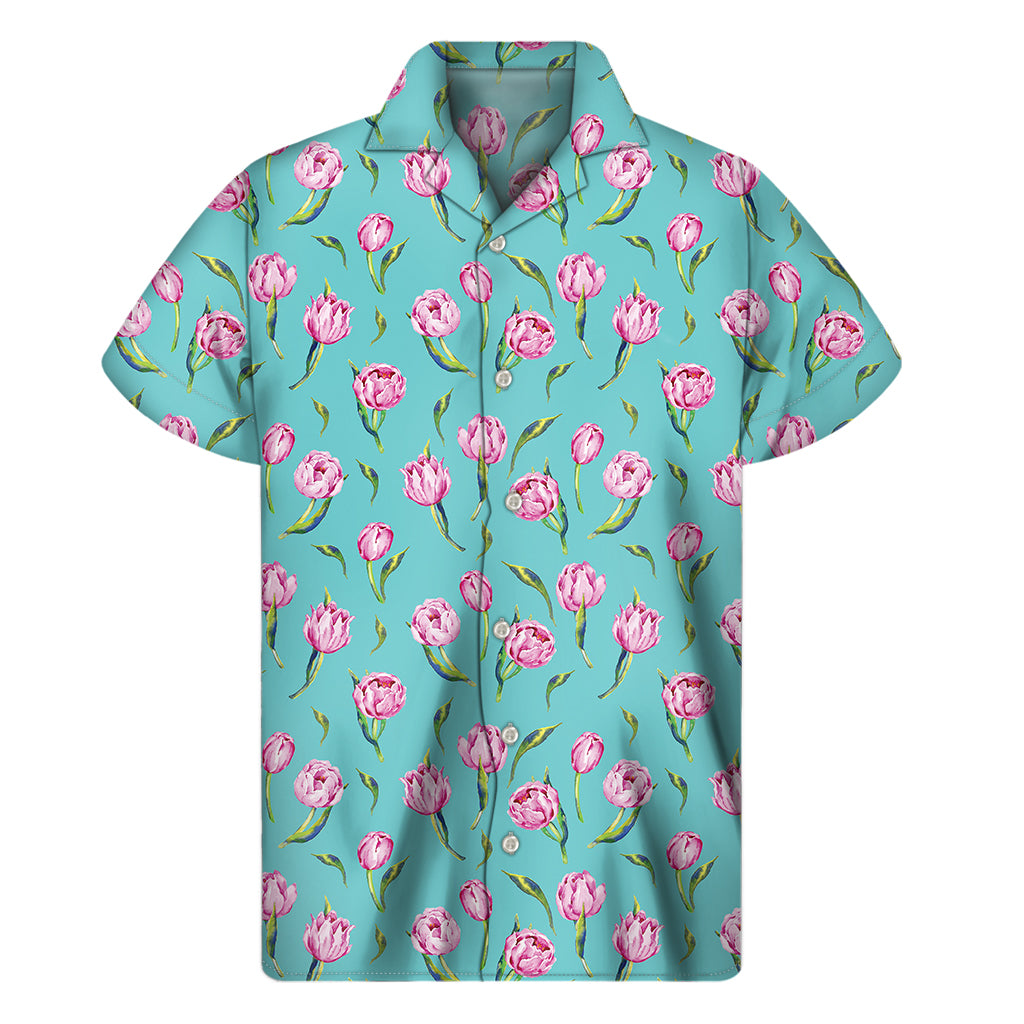 Pink Watercolor Tulip Pattern Print Men's Short Sleeve Shirt