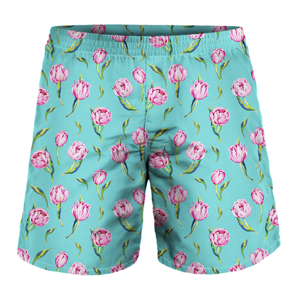 Pink Watercolor Tulip Pattern Print Men's Shorts