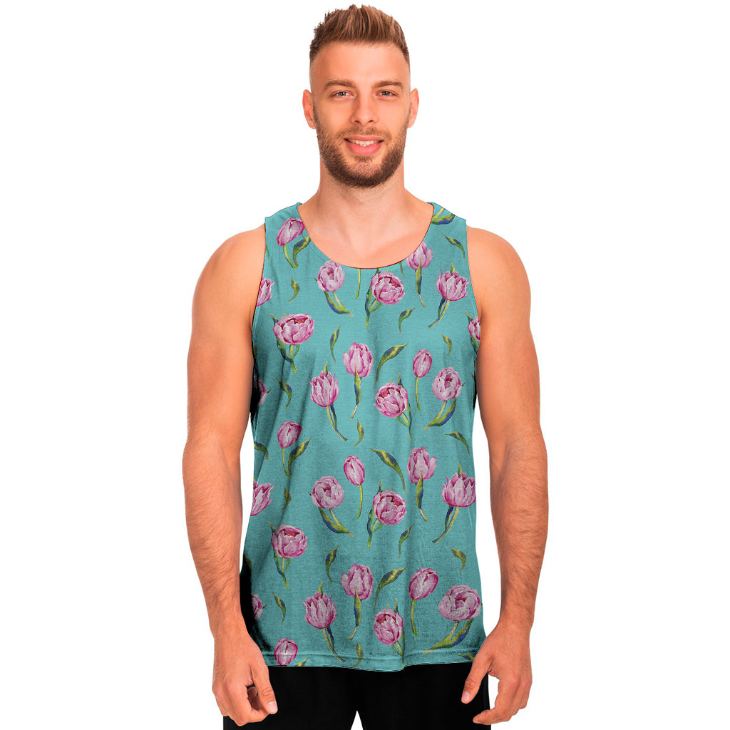 Pink Watercolor Tulip Pattern Print Men's Tank Top