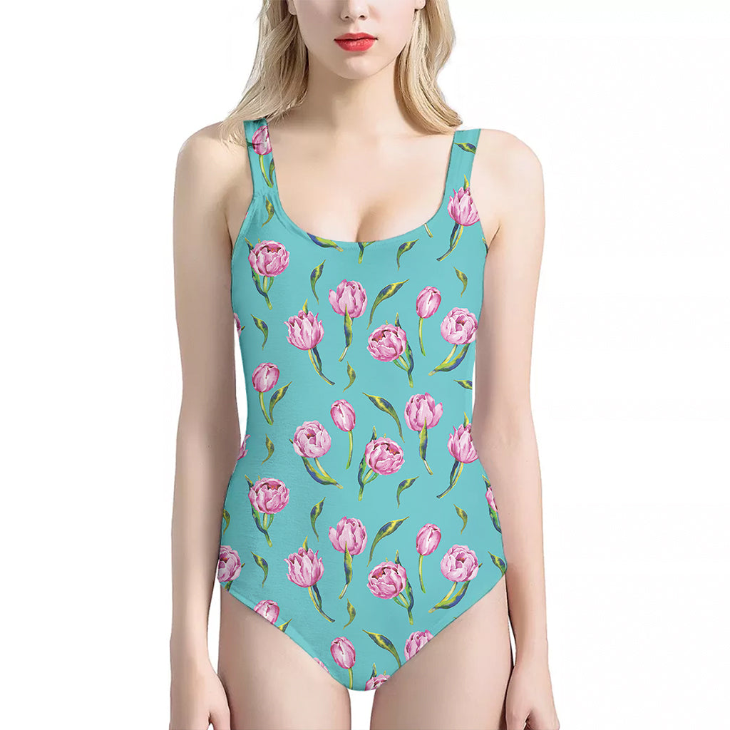 Pink Watercolor Tulip Pattern Print One Piece Halter Neck Swimsuit