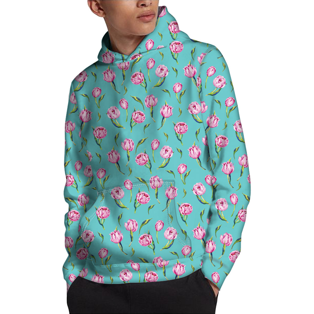 Pink Watercolor Tulip Pattern Print Pullover Hoodie