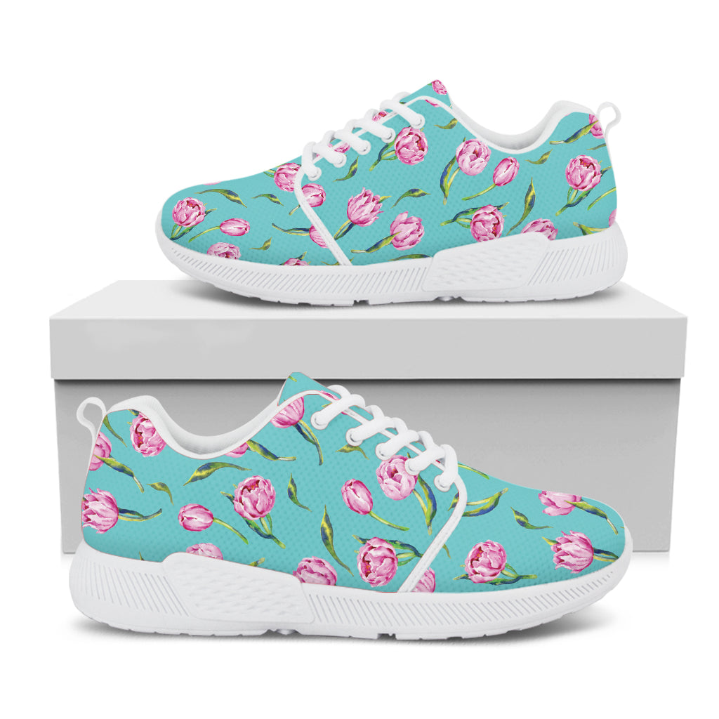 Pink Watercolor Tulip Pattern Print White Athletic Shoes