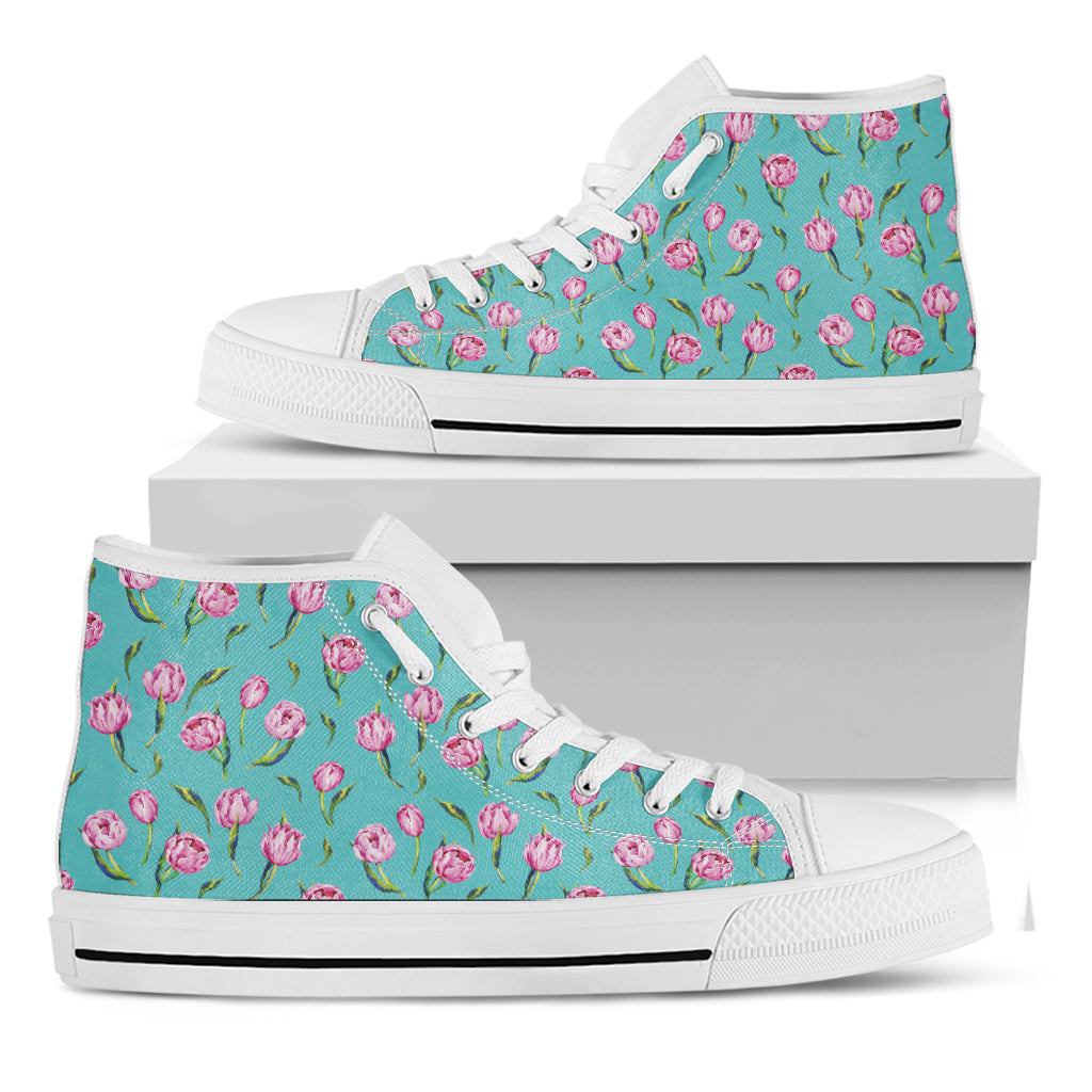 Pink Watercolor Tulip Pattern Print White High Top Shoes