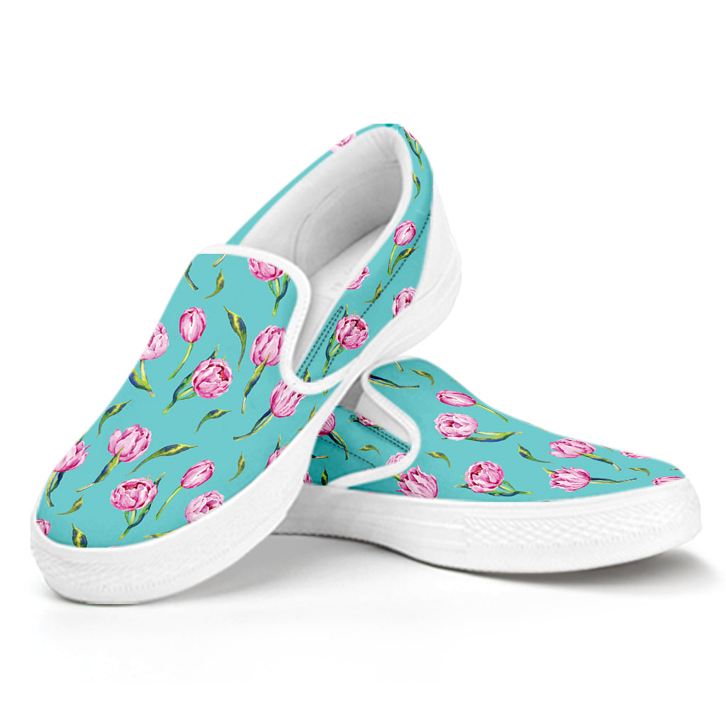 Pink Watercolor Tulip Pattern Print White Slip On Shoes