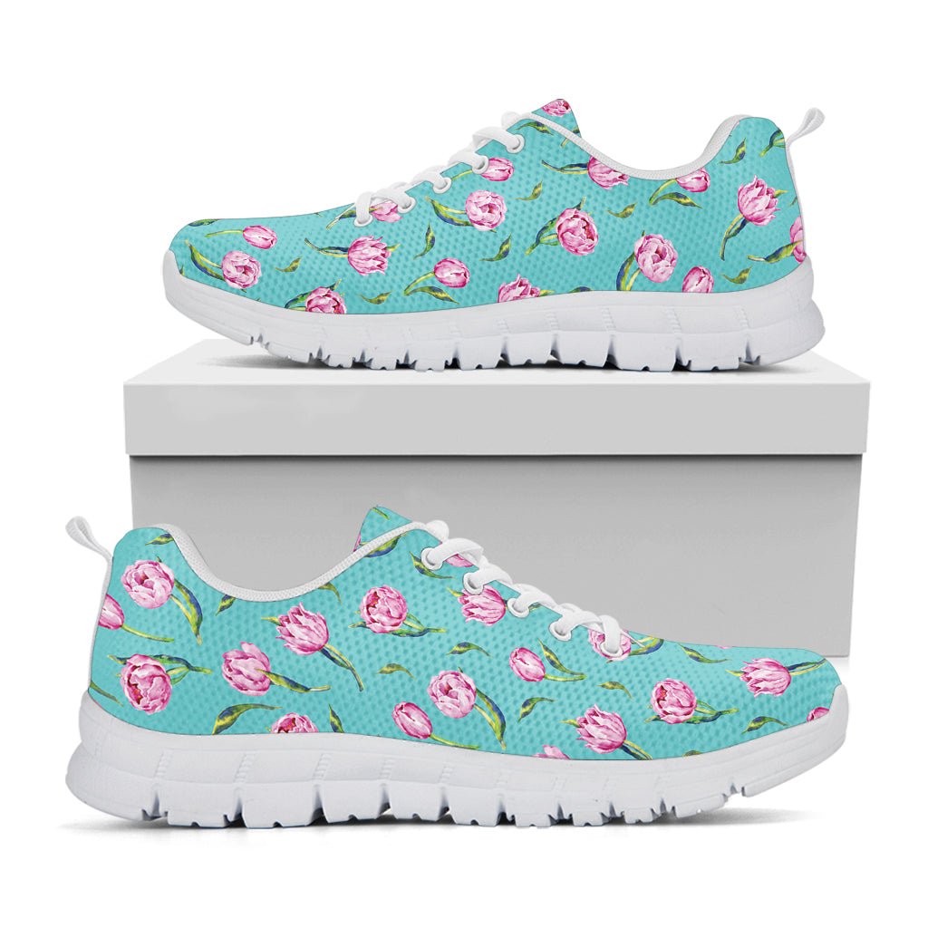 Pink Watercolor Tulip Pattern Print White Sneakers