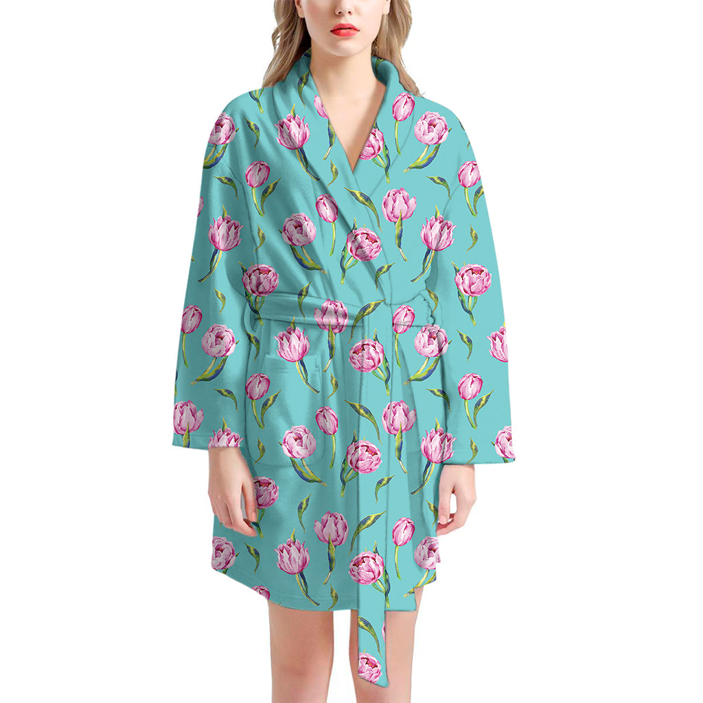 Pink Watercolor Tulip Pattern Print Women's Bathrobe