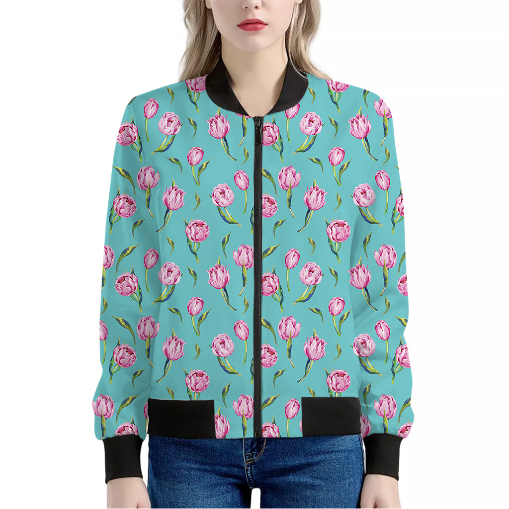 Pink Watercolor Tulip Pattern Print Women's Bomber Jacket