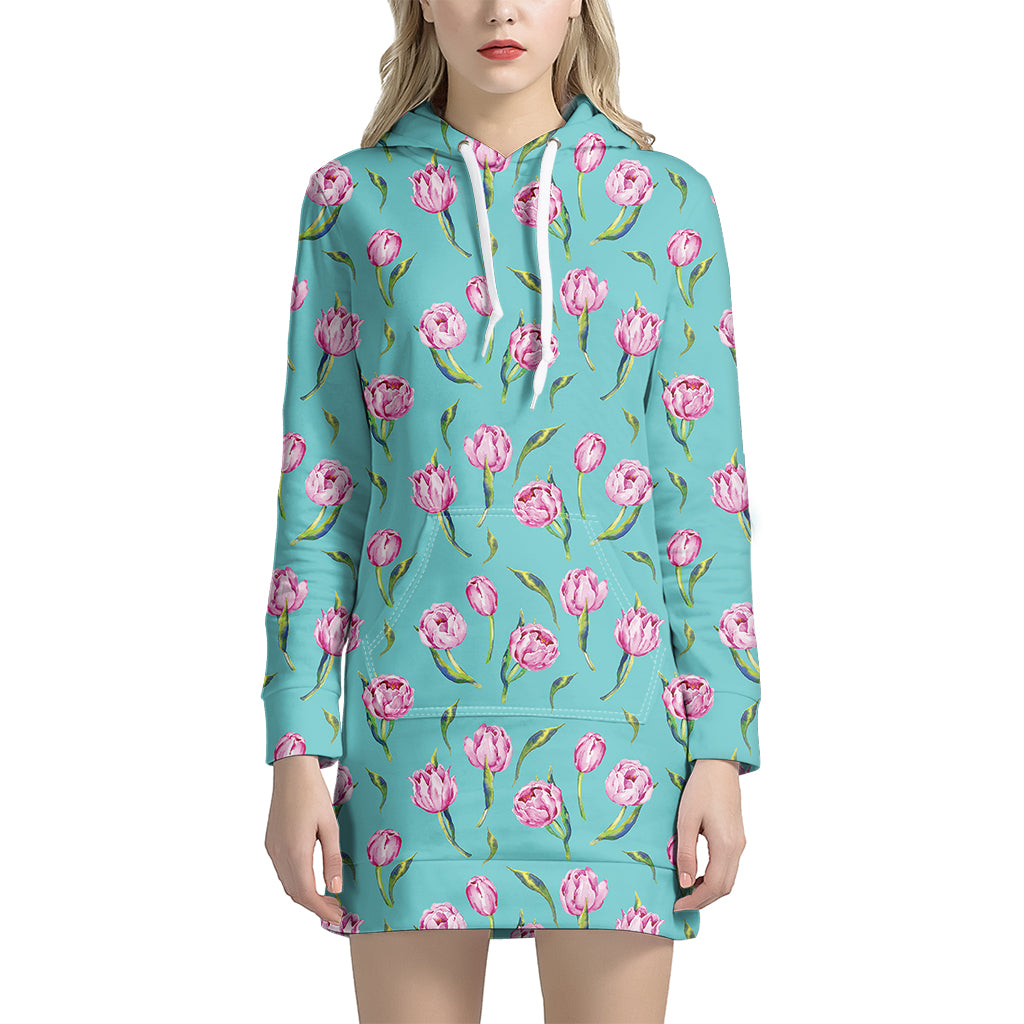 Pink Watercolor Tulip Pattern Print Women's Pullover Hoodie Dress