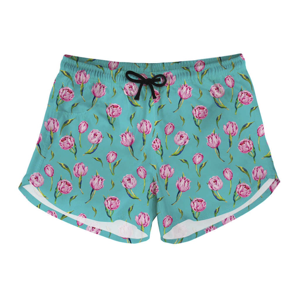 Pink Watercolor Tulip Pattern Print Women's Shorts