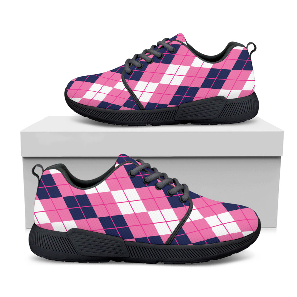 Pink White And Blue Argyle Pattern Print Black Athletic Shoes