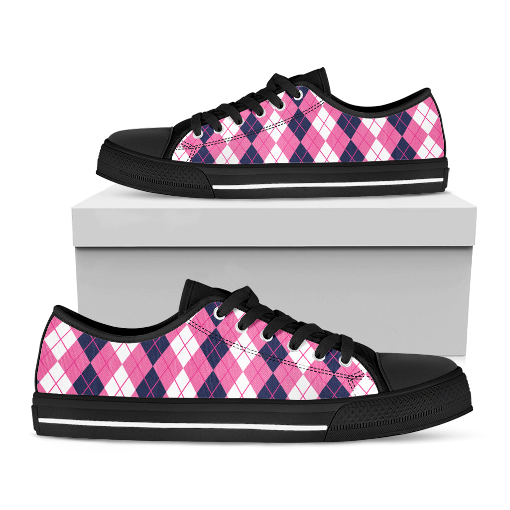 Pink White And Blue Argyle Pattern Print Black Low Top Shoes