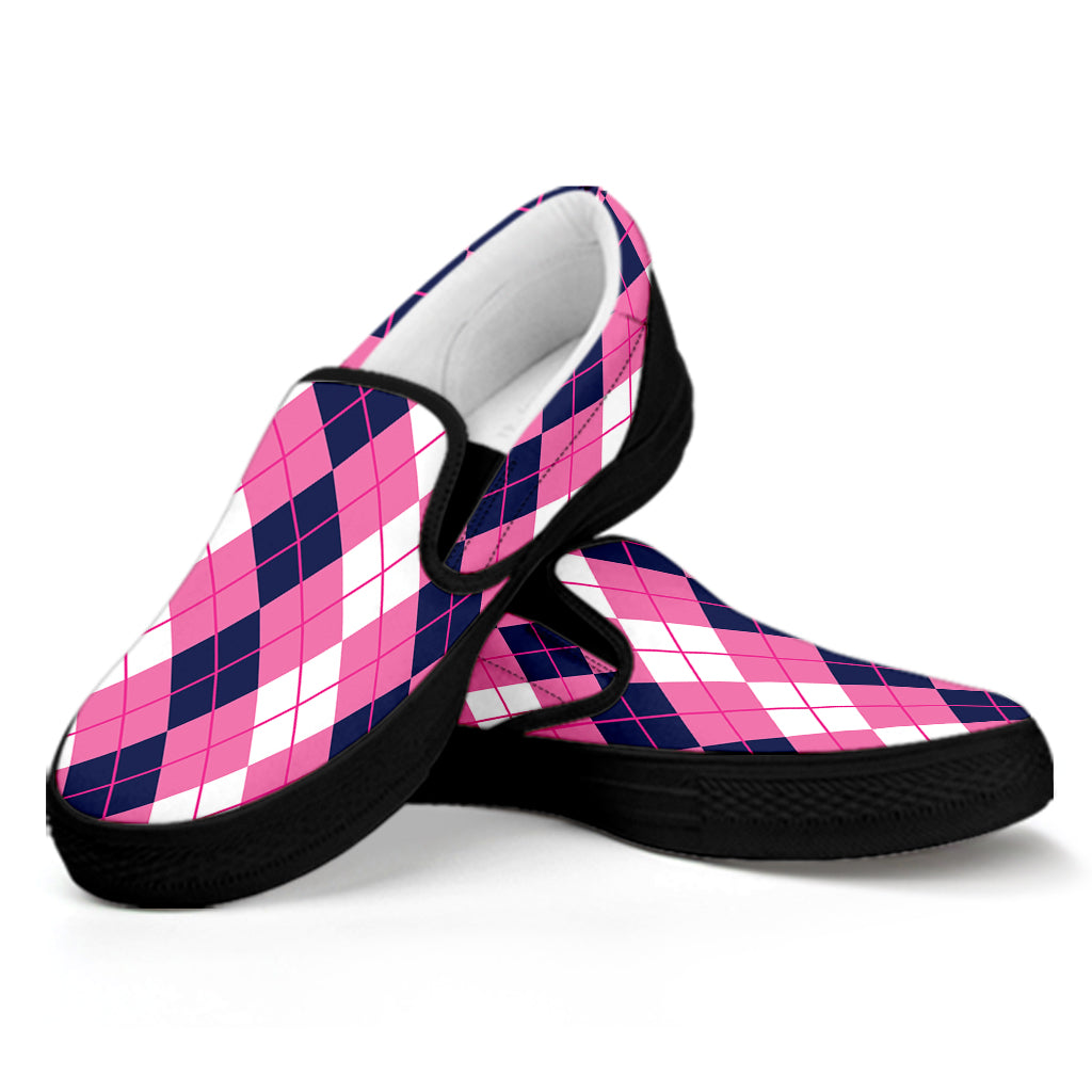 Pink White And Blue Argyle Pattern Print Black Slip On Shoes