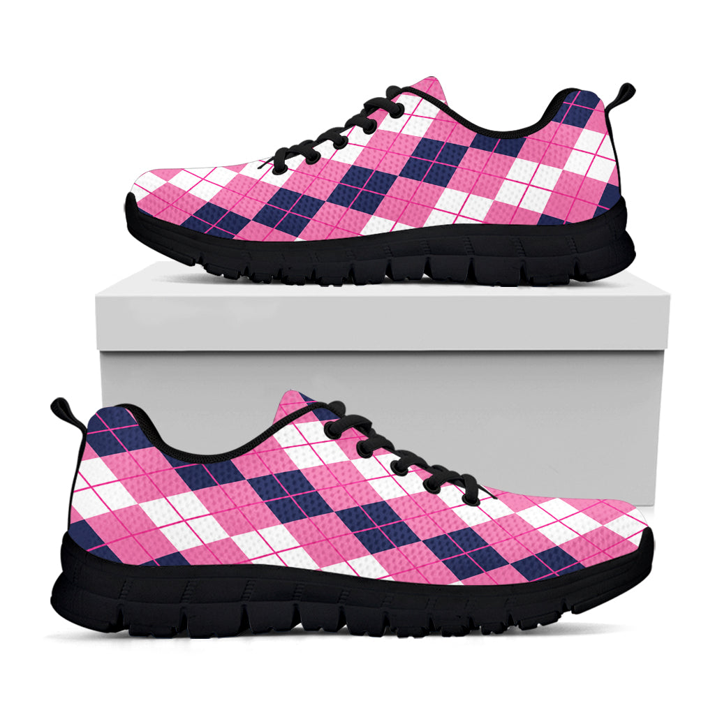 Pink White And Blue Argyle Pattern Print Black Sneakers