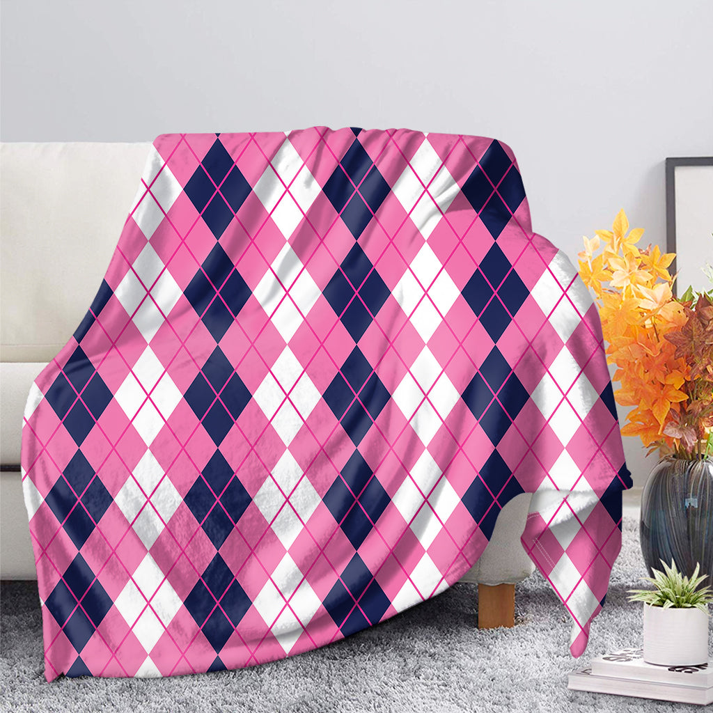 Pink White And Blue Argyle Pattern Print Blanket