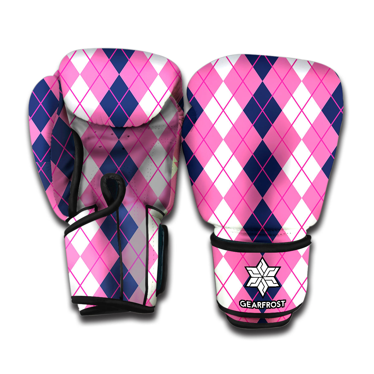 Pink White And Blue Argyle Pattern Print Boxing Gloves