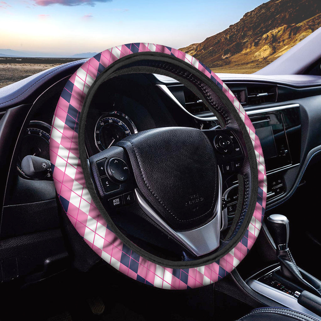 Pink White And Blue Argyle Pattern Print Car Steering Wheel Cover