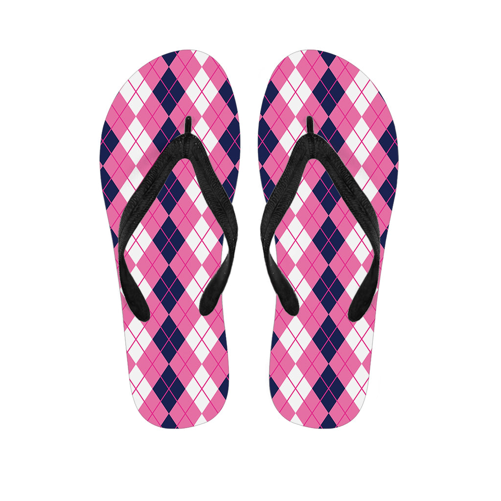 Pink White And Blue Argyle Pattern Print Flip Flops