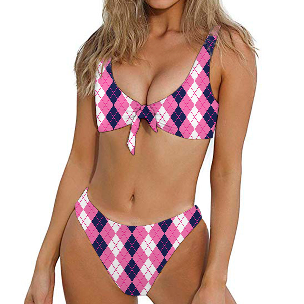 Pink White And Blue Argyle Pattern Print Front Bow Tie Bikini