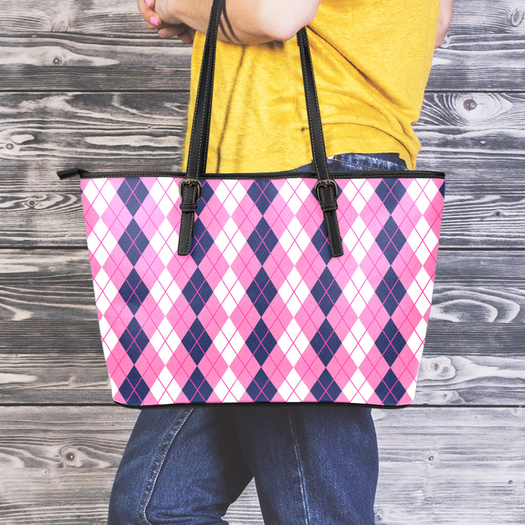 Pink White And Blue Argyle Pattern Print Leather Tote Bag