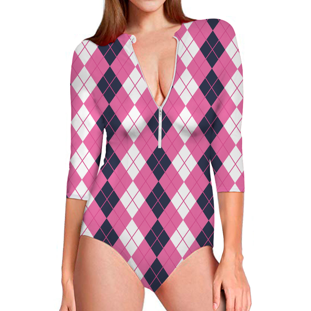 Pink White And Blue Argyle Pattern Print Long Sleeve One Piece Swimsuit