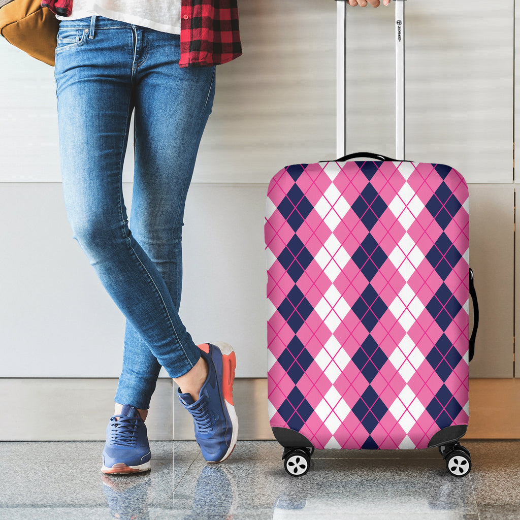 Pink White And Blue Argyle Pattern Print Luggage Cover