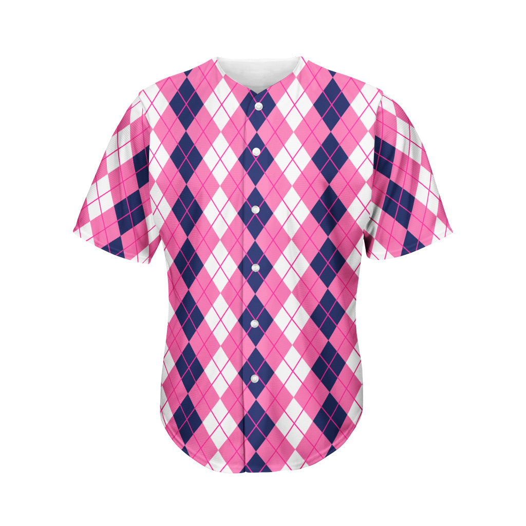 Pink White And Blue Argyle Pattern Print Men's Baseball Jersey