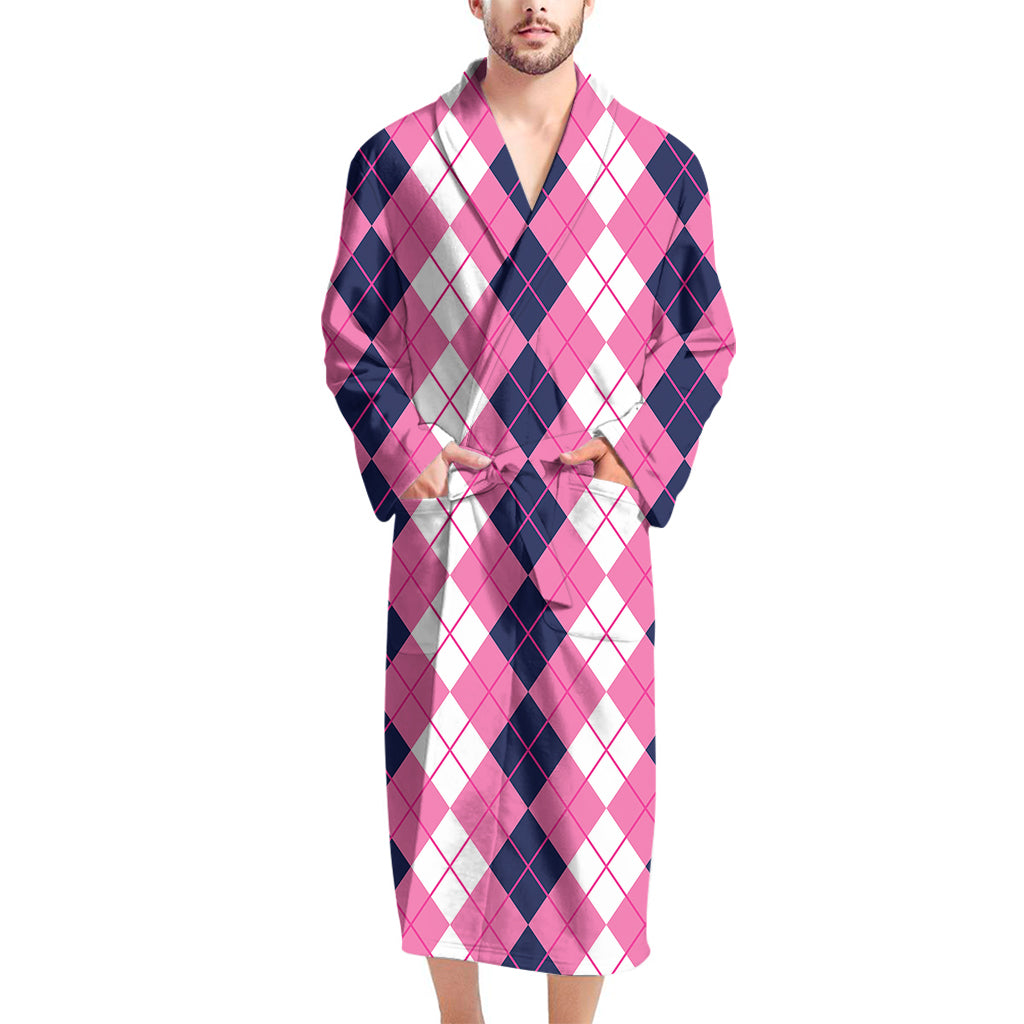 Pink White And Blue Argyle Pattern Print Men's Bathrobe