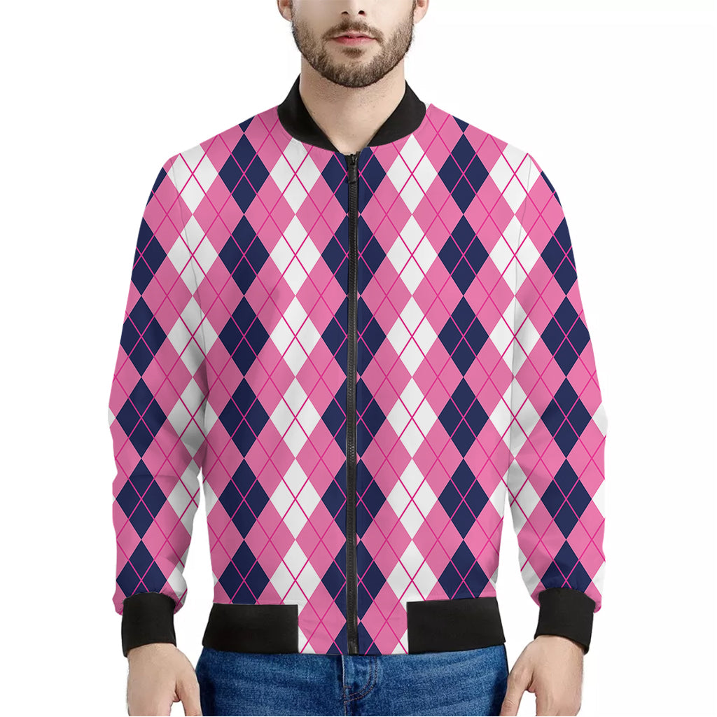 Pink White And Blue Argyle Pattern Print Men's Bomber Jacket