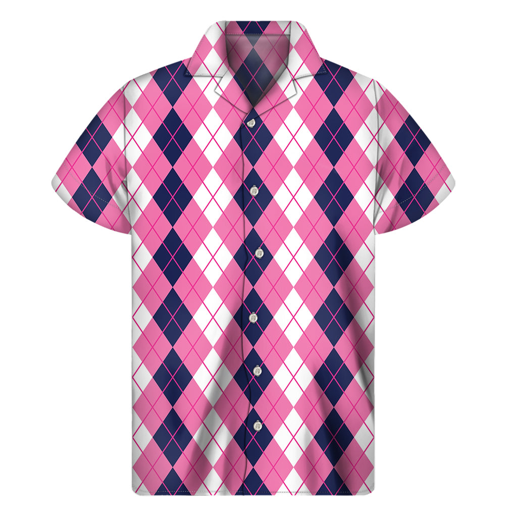 Pink White And Blue Argyle Pattern Print Men's Short Sleeve Shirt