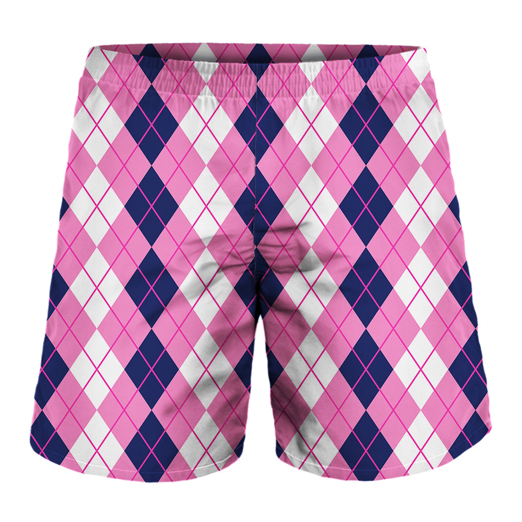 Pink White And Blue Argyle Pattern Print Men's Shorts