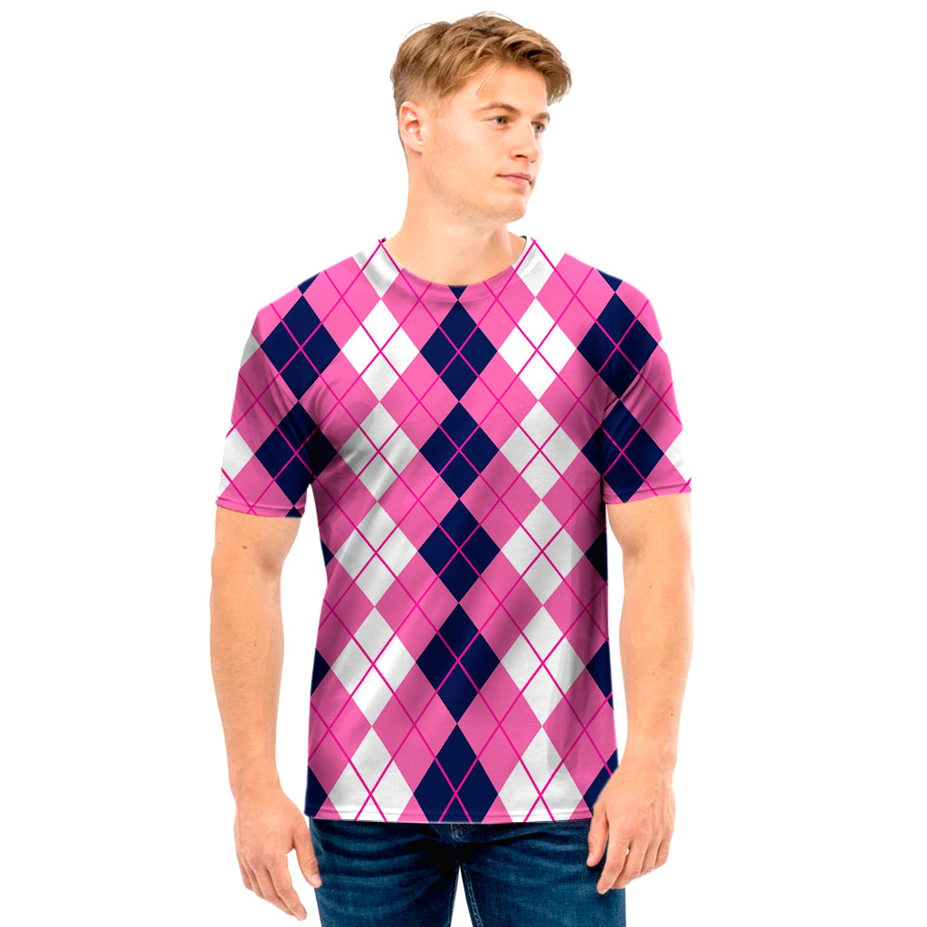 Pink White And Blue Argyle Pattern Print Men's T-Shirt