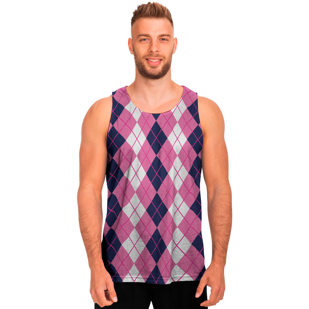 Pink White And Blue Argyle Pattern Print Men's Tank Top