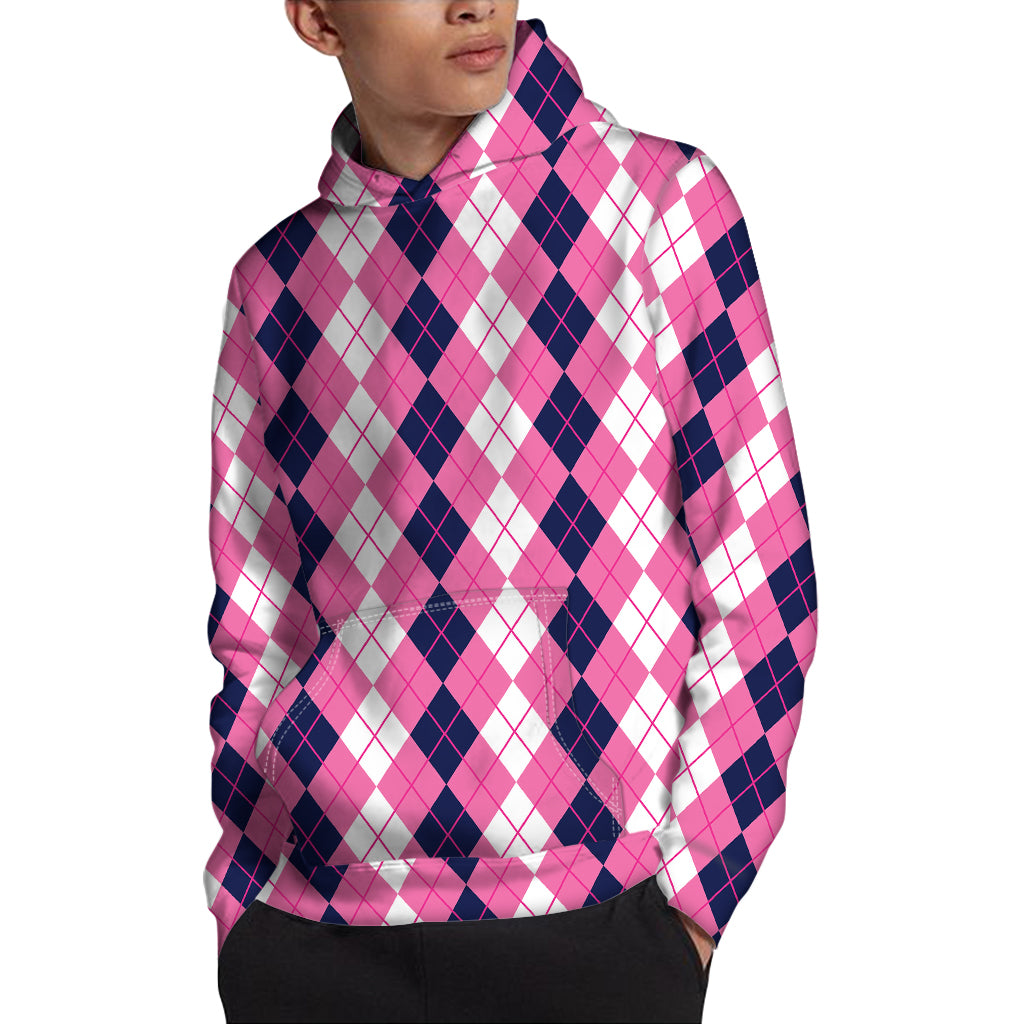 Pink White And Blue Argyle Pattern Print Pullover Hoodie