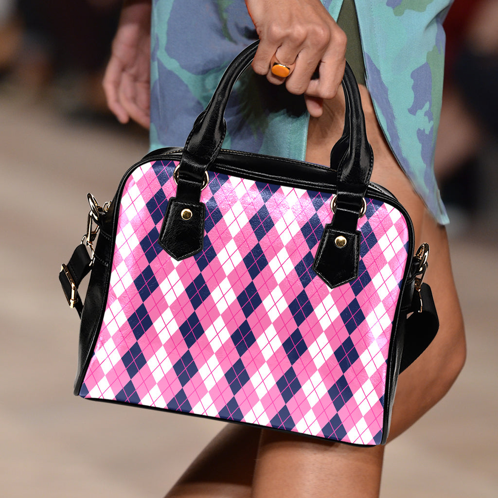 Pink White And Blue Argyle Pattern Print Shoulder Handbag