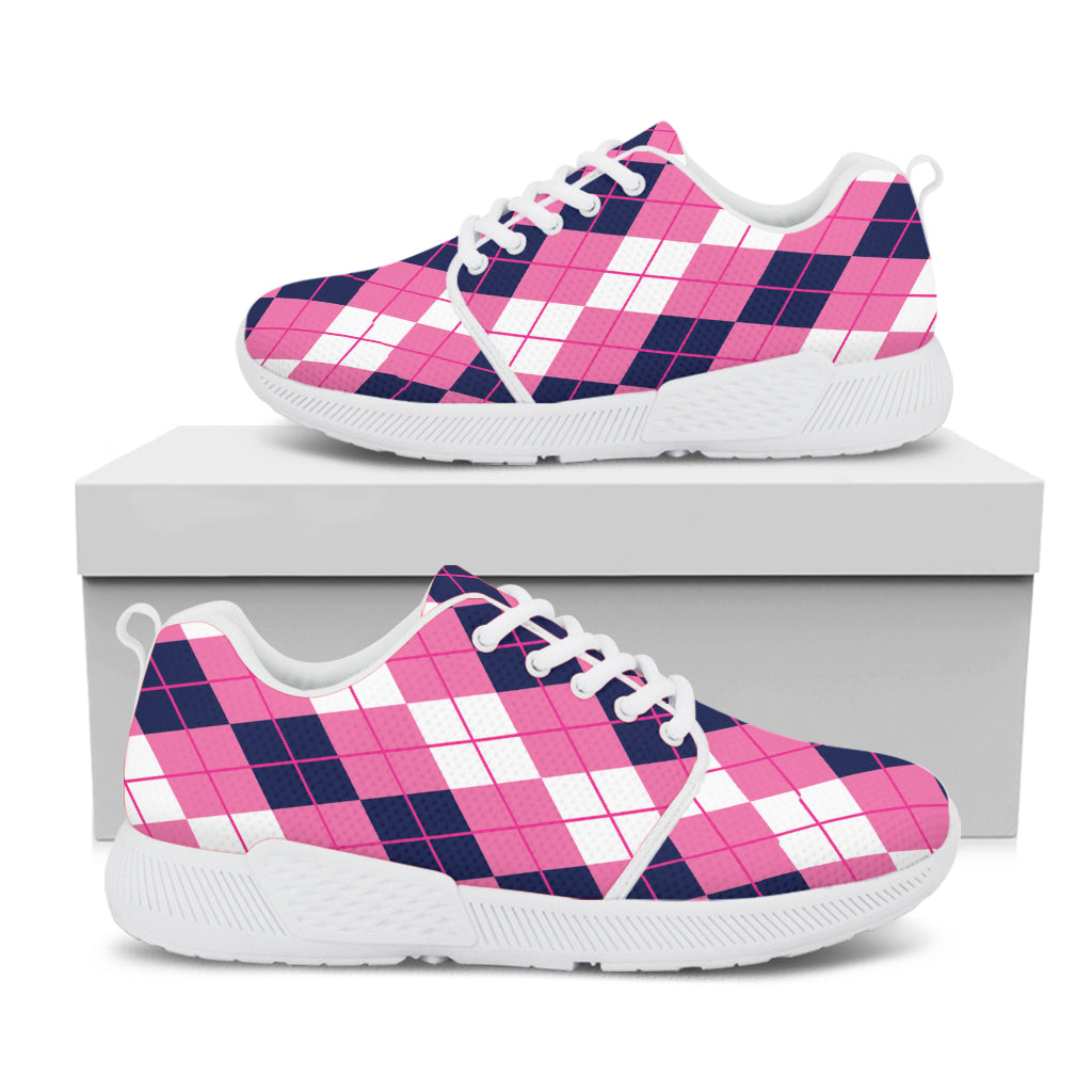 Pink White And Blue Argyle Pattern Print White Athletic Shoes