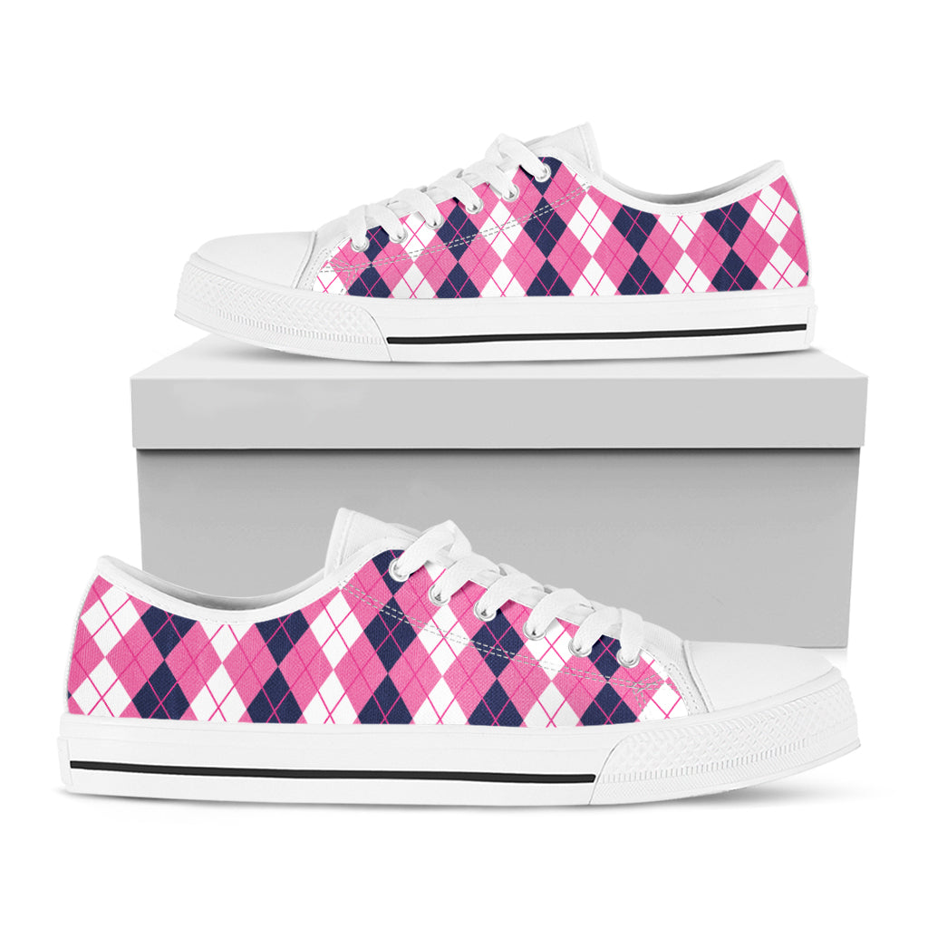 Pink White And Blue Argyle Pattern Print White Low Top Shoes