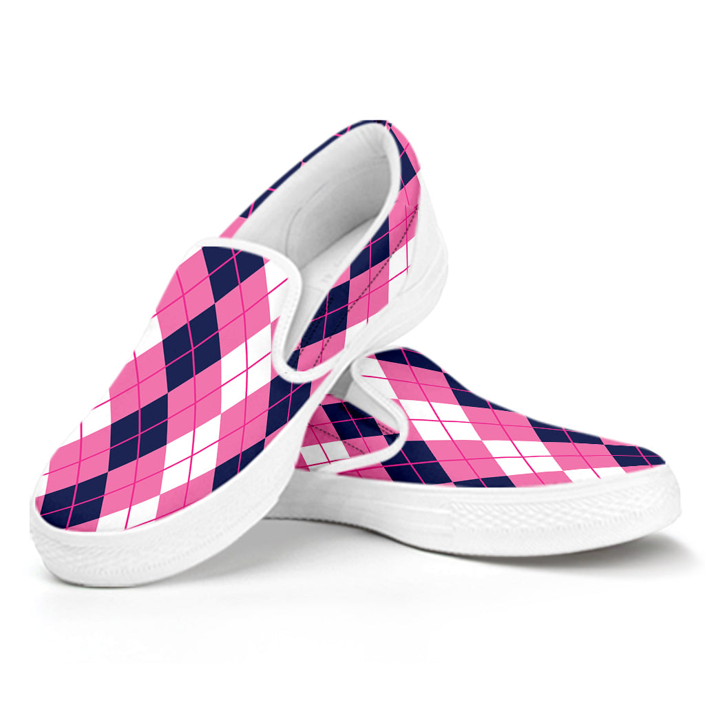 Pink White And Blue Argyle Pattern Print White Slip On Shoes