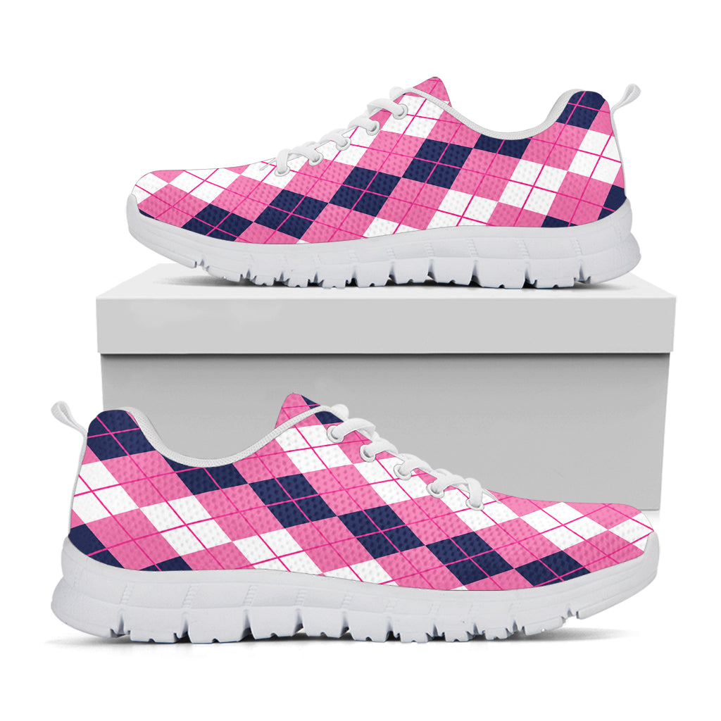 Pink White And Blue Argyle Pattern Print White Sneakers