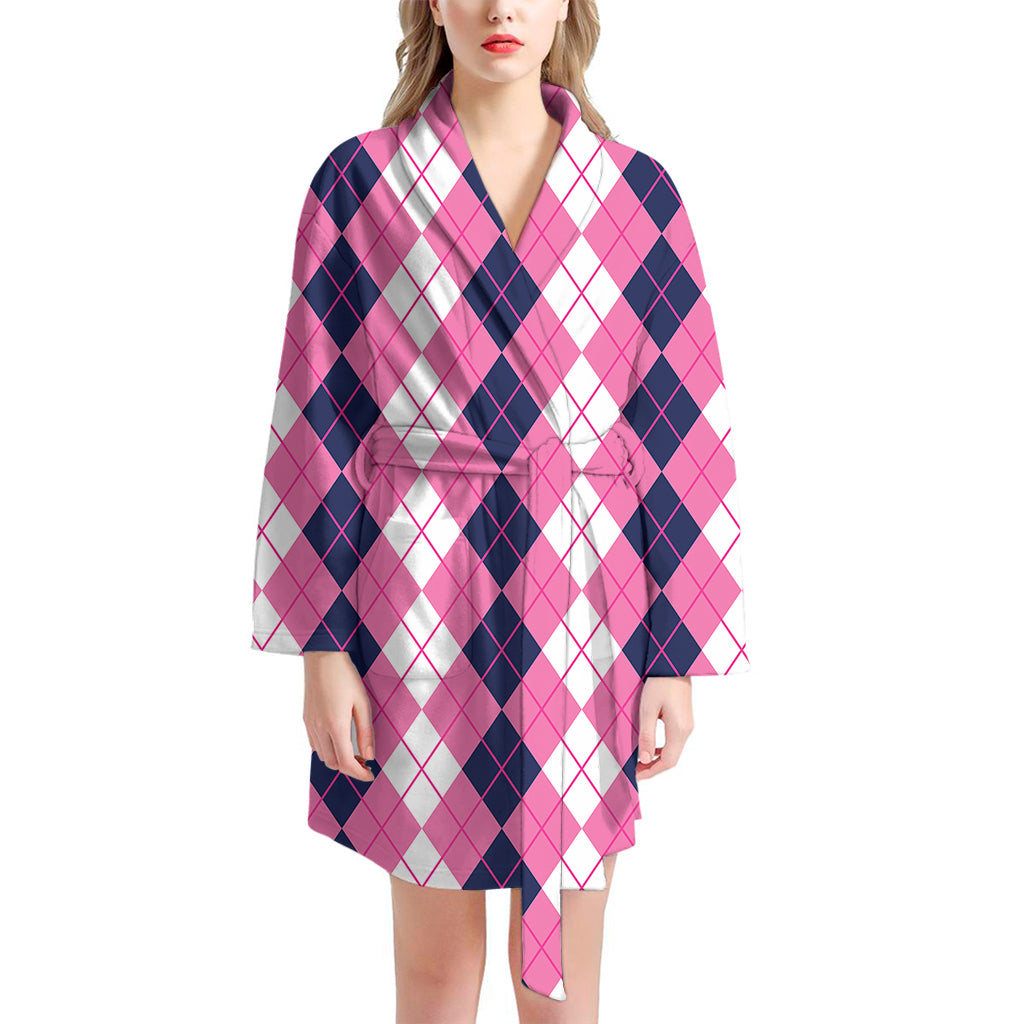 Pink White And Blue Argyle Pattern Print Women's Bathrobe